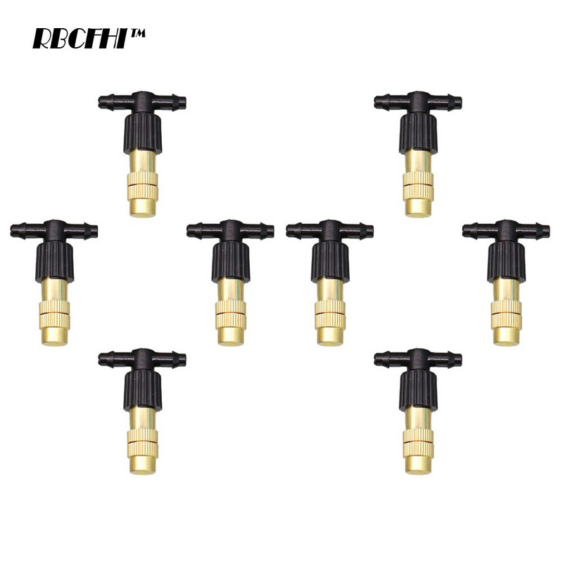 RBCFHI 30/50/100/200PCS Градинско напояване Регулируема месингова дюза 1/4`` Barb Tee Connect Watering Irrigation