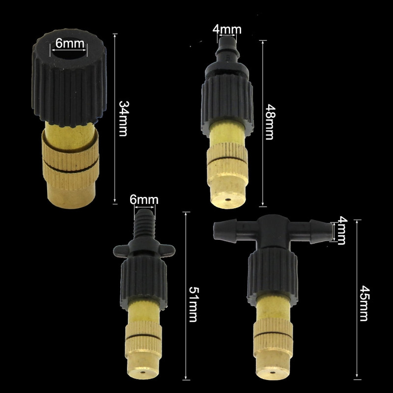 MUCAIKIE 5PCS 4 вида микрокапково напояване, замъгляваща месингова дюза, спрей с 4/7 mm шип 6 mm винт 4/7 mm тройник конектор спринклер