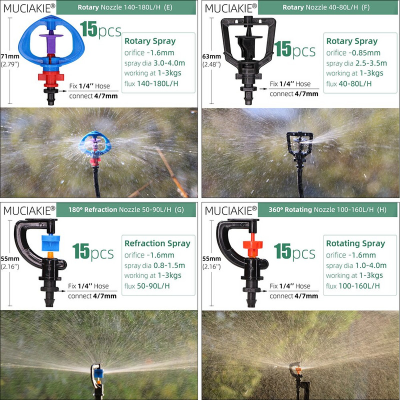 Дюзи за пръскачки 24 вида за градина с 1/4`` шарнирно съединение 90 180 360 Рефракция Роторно напояване Висяща разпръскваща глава