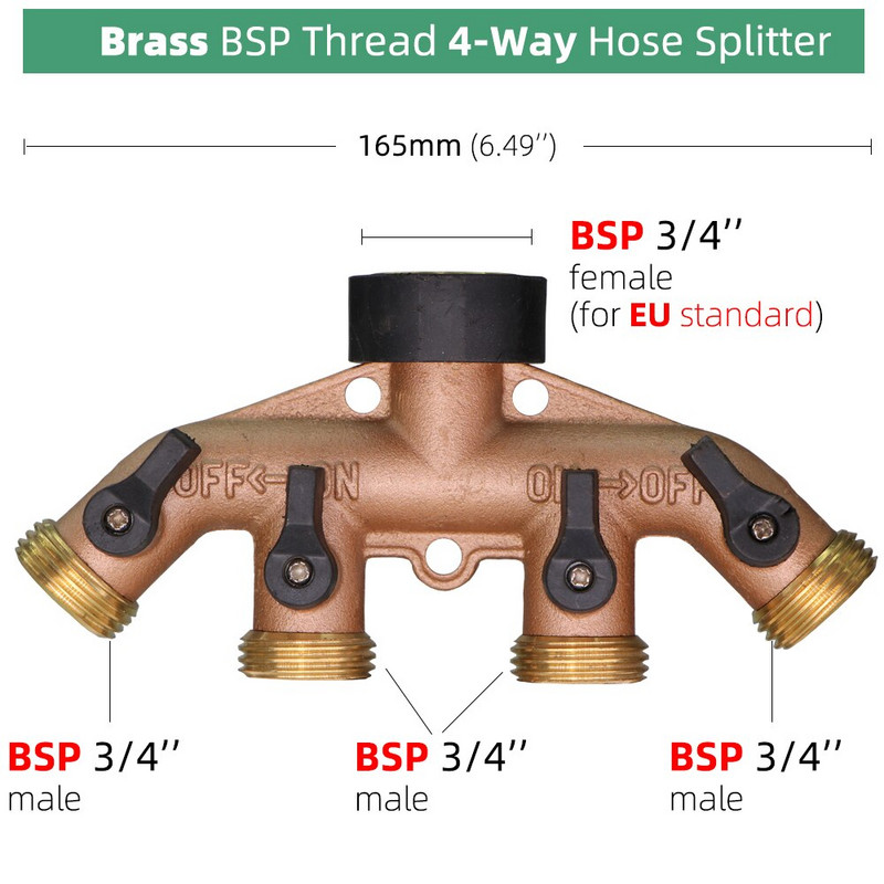 Vodovodna cijev sa slavinom, 4-smjerni razdjelnik, 3/4" navoj, mjedena plastika Y-tipa, razdjelnik za vrtno crijevo s 16 mm priključkom za bradavicu, adapterom za slavinu
