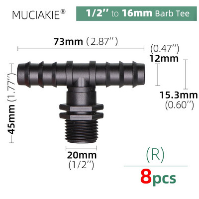 MUCIAKIE 16 20 25mm Σωλήνες σύνδεσης νερού ίσος προσαρμογέας ζεύξης Ebow Tee βύσμα σταγόνας Αγκαθωτά εξαρτήματα άρδευσης 1/2 3/4``