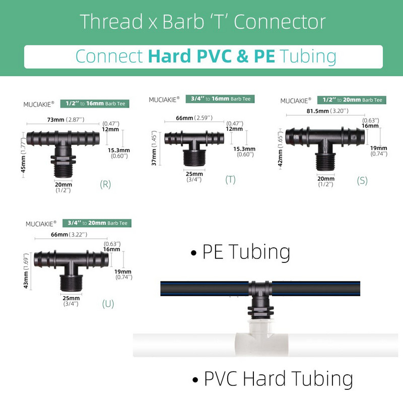 MUCIAKIE 16 20 25MM Тръбни конектори за вода Равен съединителен адаптер Коляно Тройник Краен щепсел Капково напояване Фитинги с бодли 1/2 3/4``