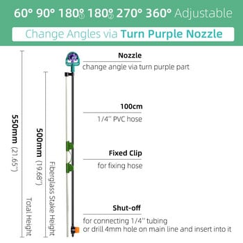 Ρυθμιζόμενη γωνία MUCIAKIE Ψεκαστήρες 60/90/180/270/360 μοιρών σε ακροφύσια ποτίσματος κήπου άρδευσης με πάσσαλο Filberglass 50 CM