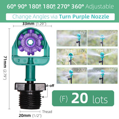 Ρυθμιζόμενη γωνία MUCIAKIE Ψεκαστήρες 60/90/180/270/360 μοιρών σε ακροφύσια ποτίσματος κήπου άρδευσης με πάσσαλο Filberglass 50 CM