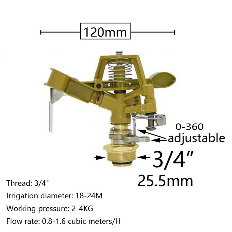 1/2 3/4 инча мъжки метални пулсиращи селскостопански спринклери 360-градусово въртене Рокерни пръскачки за напояване на тревата за напояване на градината