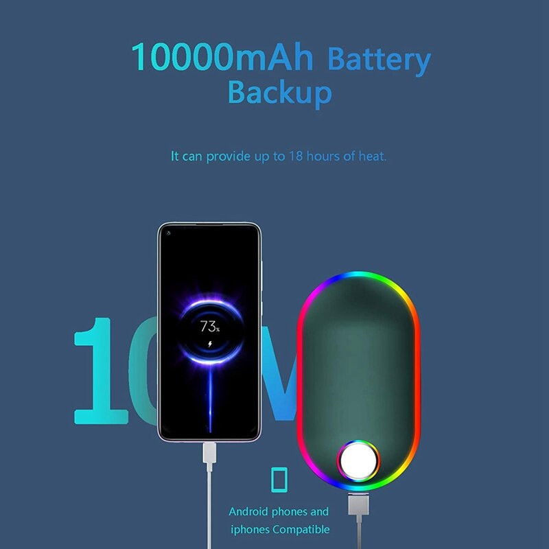 10000 Mah луминесцентни електрически нагреватели за ръце, акумулаторни, преносими USB нагреватели за ръце за многократна употреба, двустранно отопление