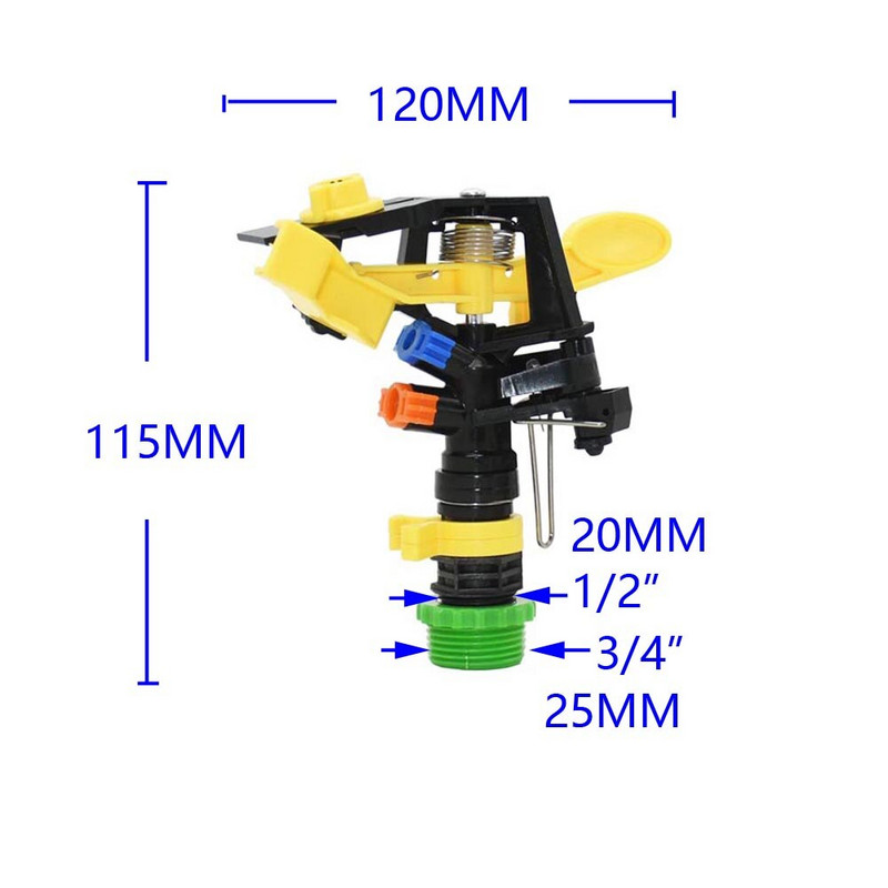 360-градусова въртяща се регулируема градинска въртяща се дюза с 1/2 3/4 резба, двоен изход, люлееща се спринклерна вода, напоителна морава 1 бр.