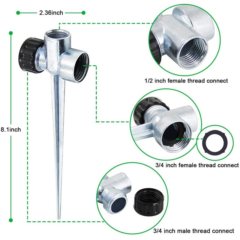3 опаковки 1/2 инча Zinc Flow Thru Lawn Sprinkler Spike Base, поливащи спринклери за напояване на дворове, тревни площи и трева
