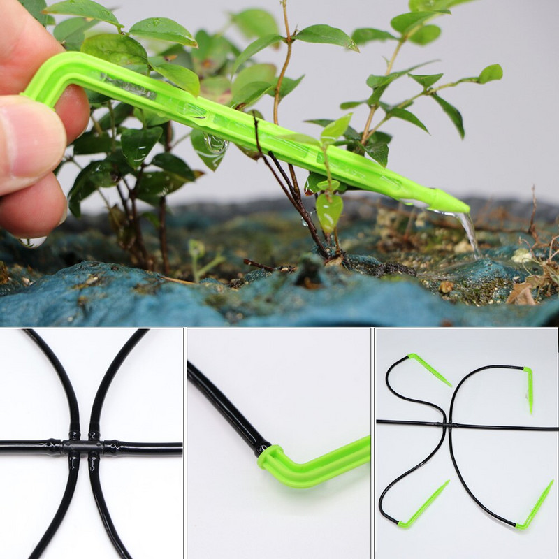 MUCIAKIE 50PCS Green Bend Arrow Dripper Микро комплект за капково напояване Емитери за спестяване на поливане за 3/5 мм маркуч Градински бонсай