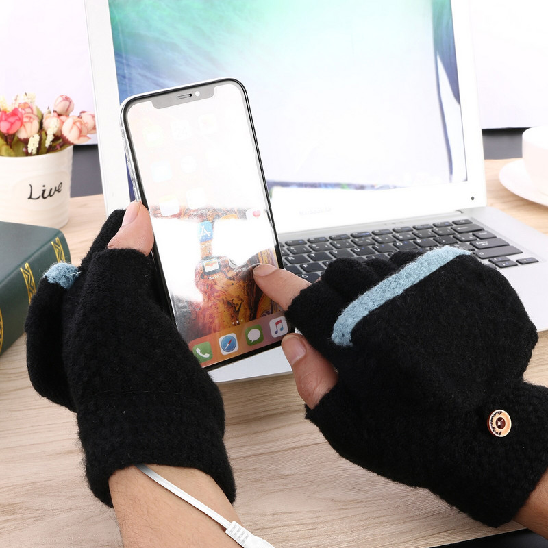 USB топли ръкавици за отопление на ръцете Електрически преносими меки ръкавици с постоянна температура Зимни плетива Halffinger Heated ръкавици Топли