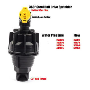 10 бр. R: 9 ~ 10 m s 1/2\'\' резба Пръскачки за напояване на градински тревни площи Задвижване със стоманена топка Въртяща се на 360 градуса пръскачка Дюзи за поливане