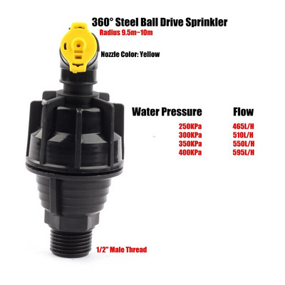 10 τμχ R: 9~10m s 1/2`` Νήμα Garden Lawn Irrigation Sprinklers Steel Ball Drive 360 μοιρών Περιστρεφόμενος ψεκαστήρας Ακροφύσια ποτίσματος