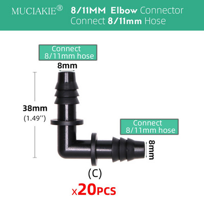 8/11 mm līdz 4/7 mm šļūtene 3/8 collu līdz 1/4 collu dzeloņstieņa bloķēšanas tēja taisna elkoņa gala kontaktdakšas savienotājs Pievienojiet 8/11 mm 4/7 mm šļūteni dārzam