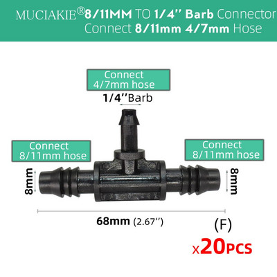 8/11 mm līdz 4/7 mm šļūtene 3/8 collu līdz 1/4 collu dzeloņstieņa bloķēšanas tēja taisna elkoņa gala kontaktdakšas savienotājs Pievienojiet 8/11 mm 4/7 mm šļūteni dārzam