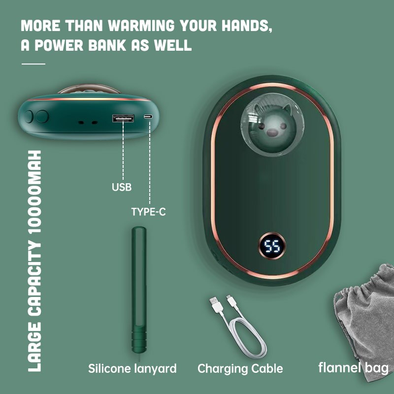 2 σε 1 Cute Bear Hand Warmer 10000 mAh USB Power Bank 5S Quick Double Side Heating Pocket Mobile Power Digital Display