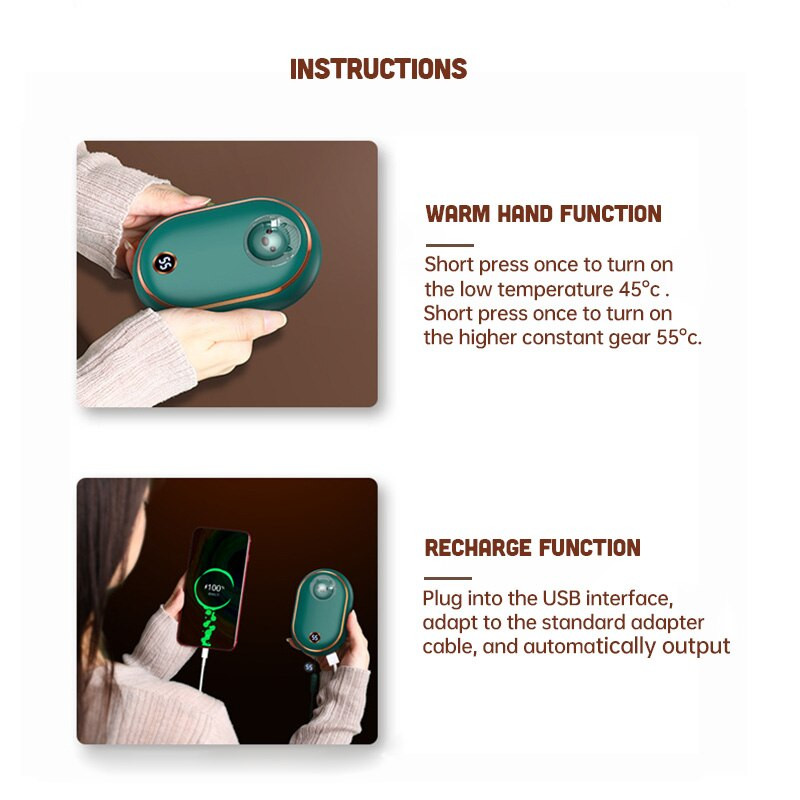 2 σε 1 Cute Bear Hand Warmer 10000 mAh USB Power Bank 5S Quick Double Side Heating Pocket Mobile Power Digital Display