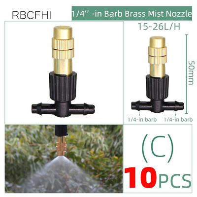 RBCFHl 10PCS 6 veidu misiņa sprauslas sprauslas ar 4/7 mm stieņu 6 mm skrūvi, 4/7 mm tee mikro pilienveida kairinājuma savienotāja smidzinātāju