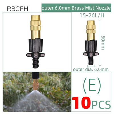RBCFHl 10PCS 6 veidu misiņa sprauslas sprauslas ar 4/7 mm stieņu 6 mm skrūvi, 4/7 mm tee mikro pilienveida kairinājuma savienotāja smidzinātāju