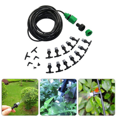 1 Σετ Ακροφύσια ομίχλης Micro Automatic Garden άρδευσης κιτ ποτίσματος λάστιχο 10m και γκρι κεφαλή ψεκασμού με μπλουζάκι 4/7mm και βύσμα