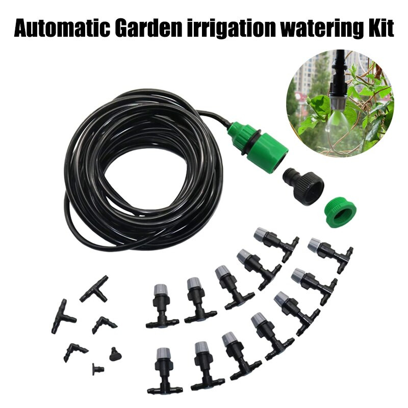 1 Σετ Ακροφύσια ομίχλης Micro Automatic Garden άρδευσης κιτ ποτίσματος λάστιχο 10m και γκρι κεφαλή ψεκασμού με μπλουζάκι 4/7mm και βύσμα