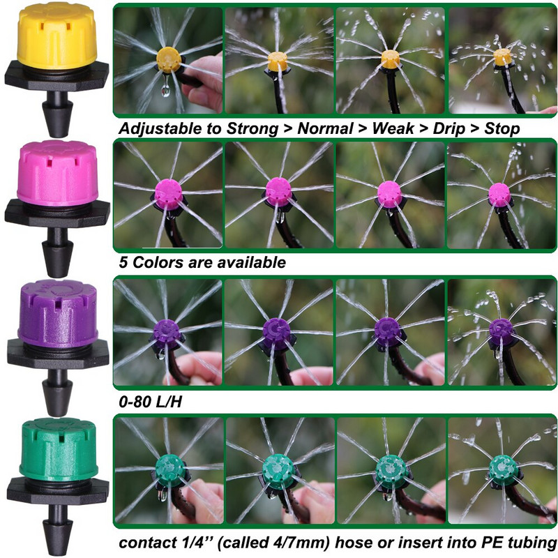 30-1000PCS 4/7mm Ακροφύσιο άρδευσης κήπου Ρυθμιζόμενος σταλάκτης 1/4`` Barb Sprinkler Emitter Drip Μπαλκόνι Θερμοκήπιο Πότισμα Σπρέι