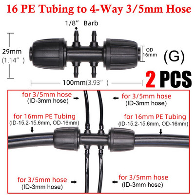 2 ΤΕΜ 16 χιλιοστών 1/2`` PE σύνδεσης σωλήνων διαχωριστής μπλουζάκι με κλείδωμα σπειρώματος σε 4/7 χιλιοστά σωλήνας 3/5 χιλιοστών Άρθρωση άρδευσης με σταγόνες ποτίσματος κήπου