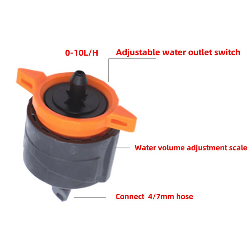 0-10L/H Ρυθμιζόμενη αντιστάθμιση πίεσης Dripper 1/4" Αγκαθωτός σύνδεσμος PE Σταθεροποιητής σωλήνα νερού Προμήθειες άρδευσης κήπου