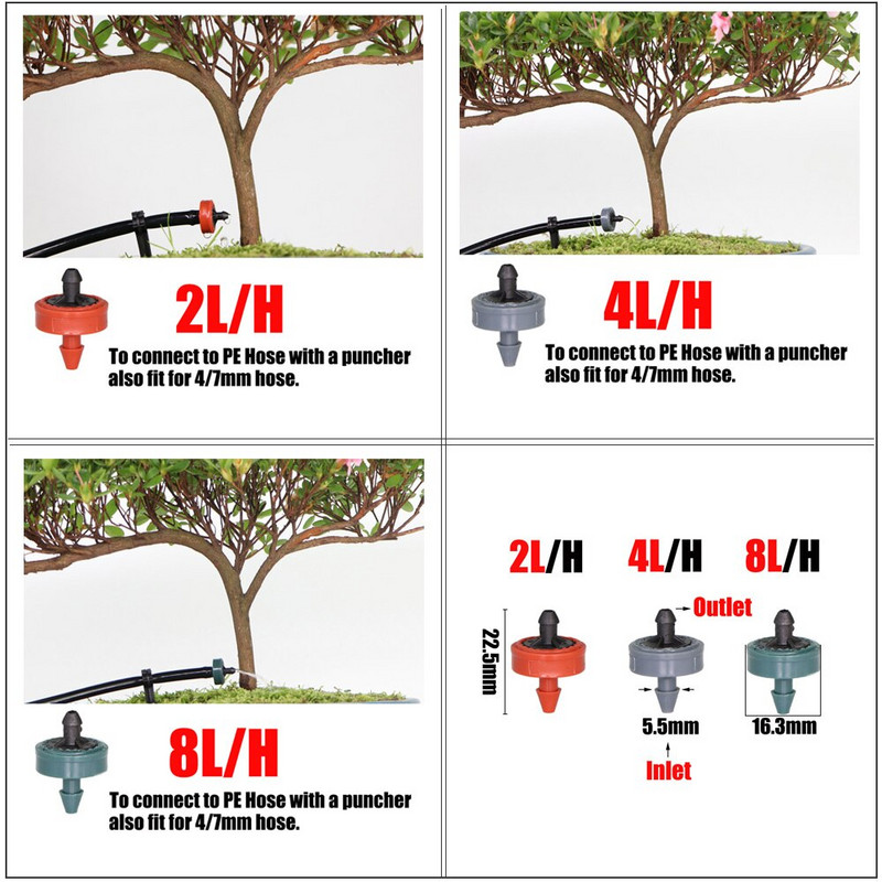 0-10L/H Ρυθμιζόμενη αντιστάθμιση πίεσης Dripper 1/4" Αγκαθωτός σύνδεσμος PE Σταθεροποιητής σωλήνα νερού Προμήθειες άρδευσης κήπου