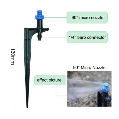 20 gab. 90/180/360 grādu miglošanas sprauslas uz 10,7 cm kāta 1/4 collas dārza apūdeņošanas laistīšanas smidzinātāji lauksaimniecības saimniecībai