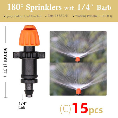 15 gab. 24 tipa dārzkopības laistīšanas miglas smidzinātāji, rotējošie refrakcijas sprauslas smidzinātājs ar 1/4 collu stieņu savienotāju 4/7 mm šļūtenes izsmidzinātājs