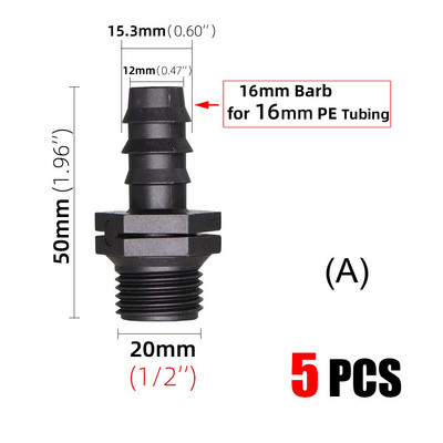 5 τεμ. 1/2" 3/4" Σύνδεσμοι με σπείρωμα 16mm 20mm PE Pipe Barb Connector Αντάπτορας στάγδην άρδευσης κήπου Εξαρτήματα προμήθειες θερμοκηπίου