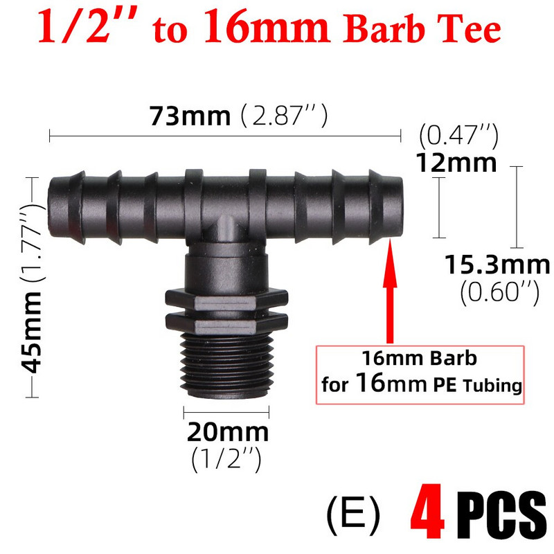 4 ΤΕΜ 1/2" 3/4" Σπείρωμα σε 16 20 25mm Barb Connector Προσαρμογέας σωλήνων PE Εύκαμπτος σωλήνας αρθρώσεις Εξαρτήματα ζεύξης άρδευσης σταγόνων κήπου