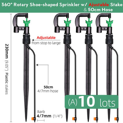 Поливане на градина Фиксиран държач Въртящи се спринклери Накрайник с форма на обувка с 1/4'' маркуч Бар Мини клапан Растения Напояване на оранжерии