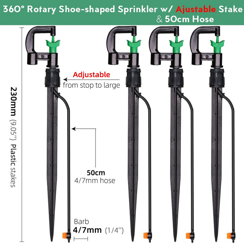 Поливане на градина Фиксиран държач Въртящи се спринклери Накрайник с форма на обувка с 1/4'' маркуч Бар Мини клапан Растения Напояване на оранжерии