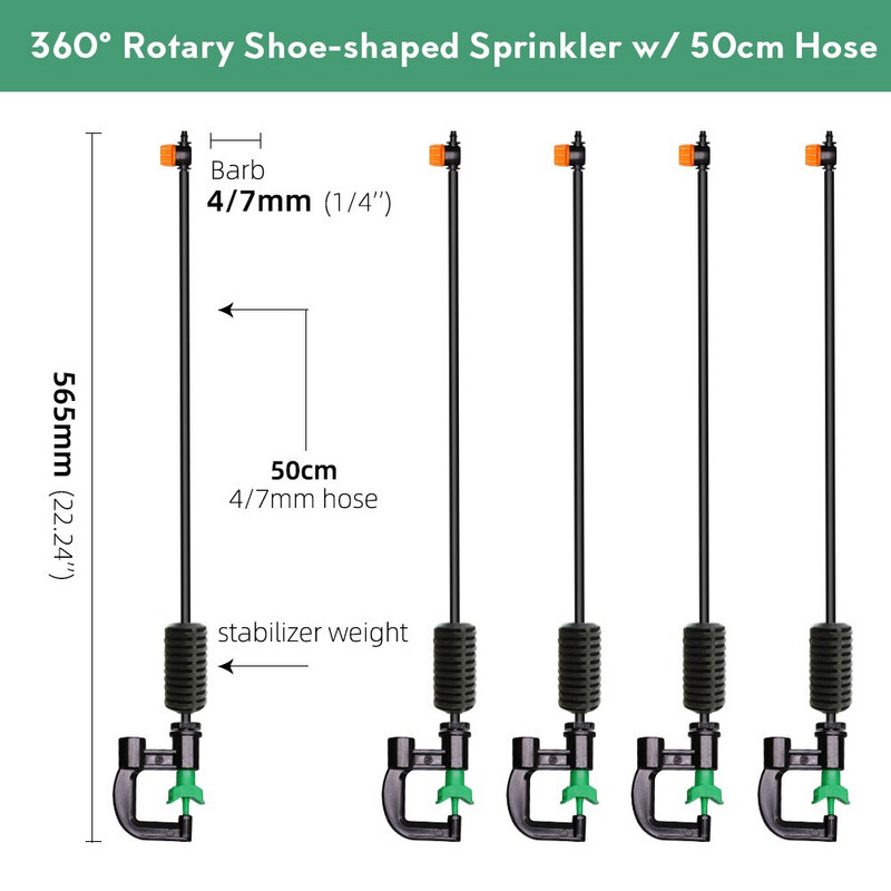 Поливане на градина Фиксиран държач Въртящи се спринклери Накрайник с форма на обувка с 1/4'' маркуч Бар Мини клапан Растения Напояване на оранжерии