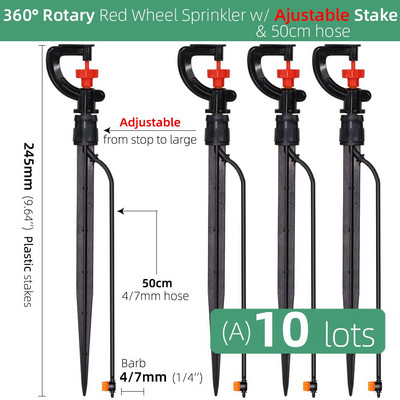 360/180 grādu rotējoša smidzinātāja refrakcijas miglas sprauslas ar stabiņiem savienotāju Gardens zāliena apūdeņošana 1/4 collu šļūteņu smidzinātājiem