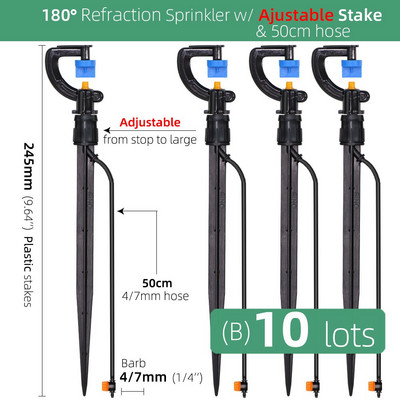360/180 grādu rotējoša smidzinātāja refrakcijas miglas sprauslas ar stabiņiem savienotāju Gardens zāliena apūdeņošana 1/4 collu šļūteņu smidzinātājiem