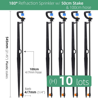 360/180 grādu rotējoša smidzinātāja refrakcijas miglas sprauslas ar stabiņiem savienotāju Gardens zāliena apūdeņošana 1/4 collu šļūteņu smidzinātājiem