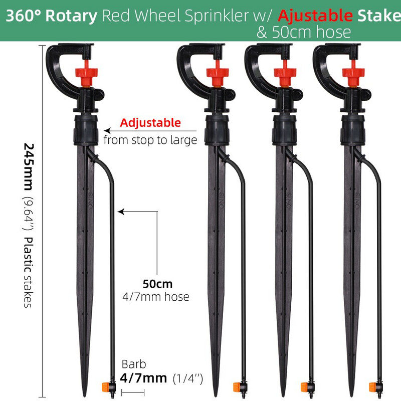 360/180 grādu rotējoša smidzinātāja refrakcijas miglas sprauslas ar stabiņiem savienotāju Gardens zāliena apūdeņošana 1/4 collu šļūteņu smidzinātājiem