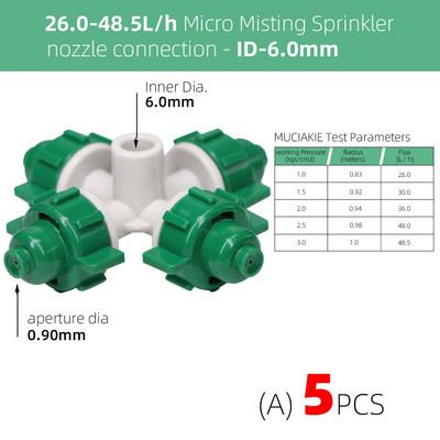 RBCFHI 5PCS 26-48 L/h Дюзи за кръстосано замъгляване Градина Балкон Оранжерия Поливане Напояване Спрей Струя Охлаждане Растения Цветя