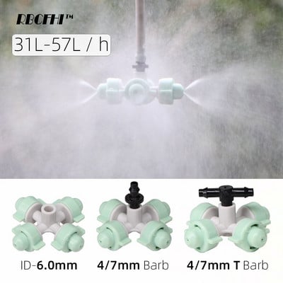 RBCFHI 5PCS 31-57L /h Misting Cross ακροφύσια Υγραντήρας θερμοκηπίου Τέσσερις έξοδοι Ομίχλη ομίχλης ψεκαστήρας Άρδευση Πότισμα Ψύξη