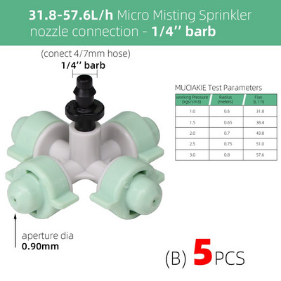 RBCFHI 5PCS 31-57L /h Замъгляващи кръстосани дюзи Оранжерия Овлажнител Четири изхода за мъгла Разпръсквач Напояване Поливане Охлаждане