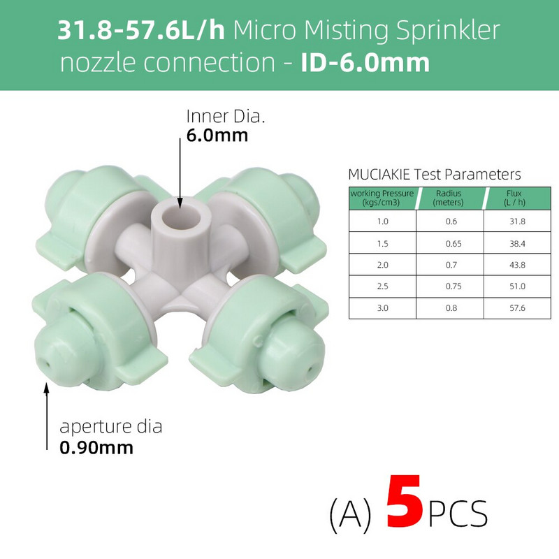 RBCFHI 5PCS 31-57L /h Замъгляващи кръстосани дюзи Оранжерия Овлажнител Четири изхода за мъгла Разпръсквач Напояване Поливане Охлаждане