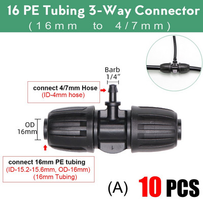 Dārza 16 mm slēdzenes tee savienotājs 16 mm PE caurule līdz 4/7 mm šļūtenei, kas samazina stieņu adapteri, augu apūdeņošanas ūdens 1/2" līdz 1/4" sadalītāji