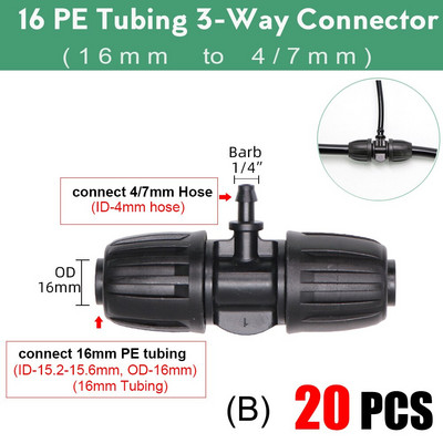 Dārza 16 mm slēdzenes tee savienotājs 16 mm PE caurule līdz 4/7 mm šļūtenei, kas samazina stieņu adapteri, augu apūdeņošanas ūdens 1/2" līdz 1/4" sadalītāji