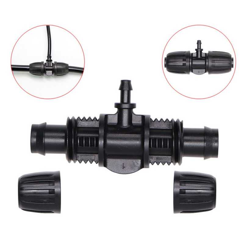 Dārza 16 mm slēdzenes tee savienotājs 16 mm PE caurule līdz 4/7 mm šļūtenei, kas samazina stieņu adapteri, augu apūdeņošanas ūdens 1/2" līdz 1/4" sadalītāji