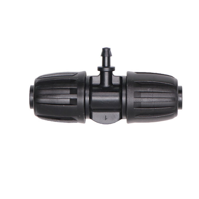 Dārza 16 mm slēdzenes tee savienotājs 16 mm PE caurule līdz 4/7 mm šļūtenei, kas samazina stieņu adapteri, augu apūdeņošanas ūdens 1/2" līdz 1/4" sadalītāji