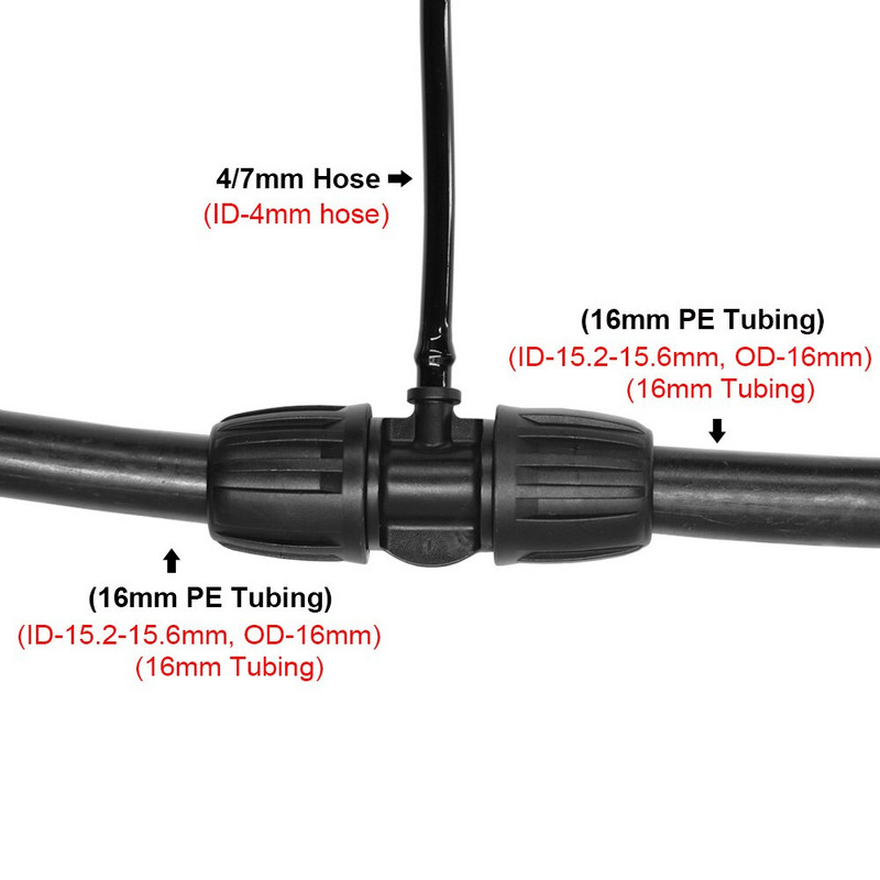 Dārza 16 mm slēdzenes tee savienotājs 16 mm PE caurule līdz 4/7 mm šļūtenei, kas samazina stieņu adapteri, augu apūdeņošanas ūdens 1/2" līdz 1/4" sadalītāji