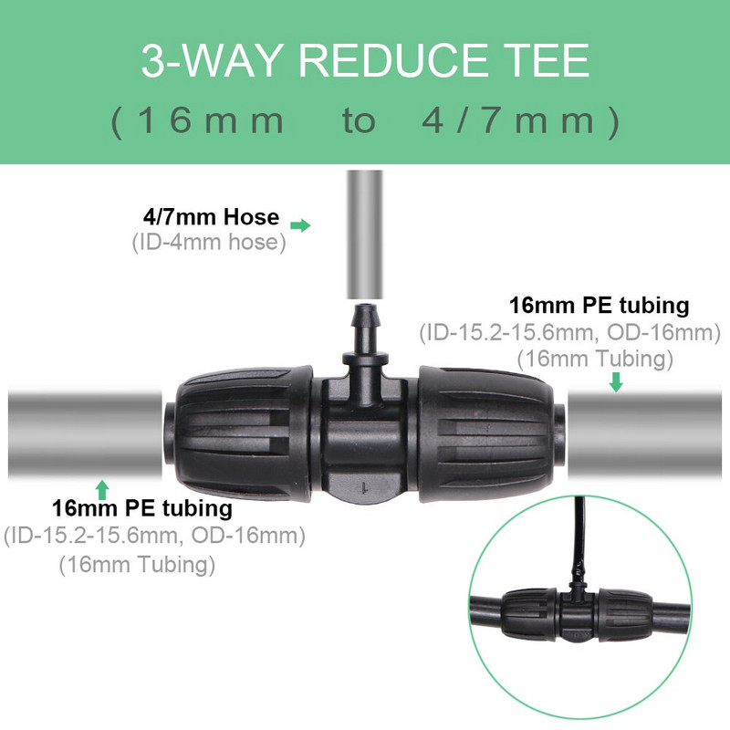 Dārza 16 mm slēdzenes tee savienotājs 16 mm PE caurule līdz 4/7 mm šļūtenei, kas samazina stieņu adapteri, augu apūdeņošanas ūdens 1/2" līdz 1/4" sadalītāji