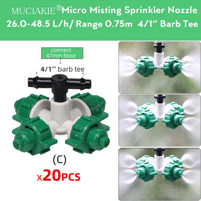 MUCIAKIE 20GAB 26-48 L/h Šķērsmiglošanas sprauslas 4/1``Barb ID-6.0mm Tee Dārza smidzinātāji Miglas smidzināšanas galviņas siltumnīcas dzesēšana